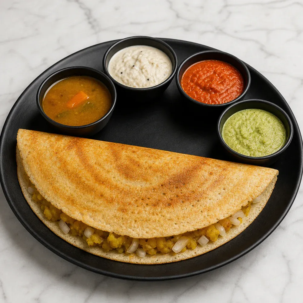 Clarified butter dosa stuffed with masala and onions.