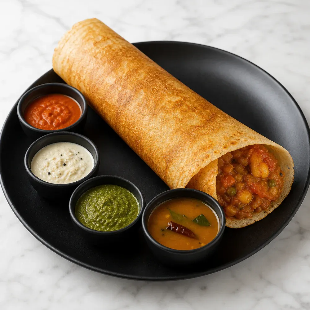 Dosa stuffed with pav bhaji vegetable mixture.