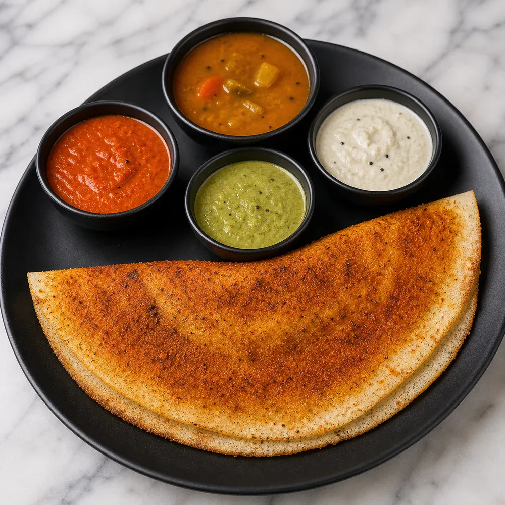Crispy dosa smeared with spiced lentil-and-chilli podi.