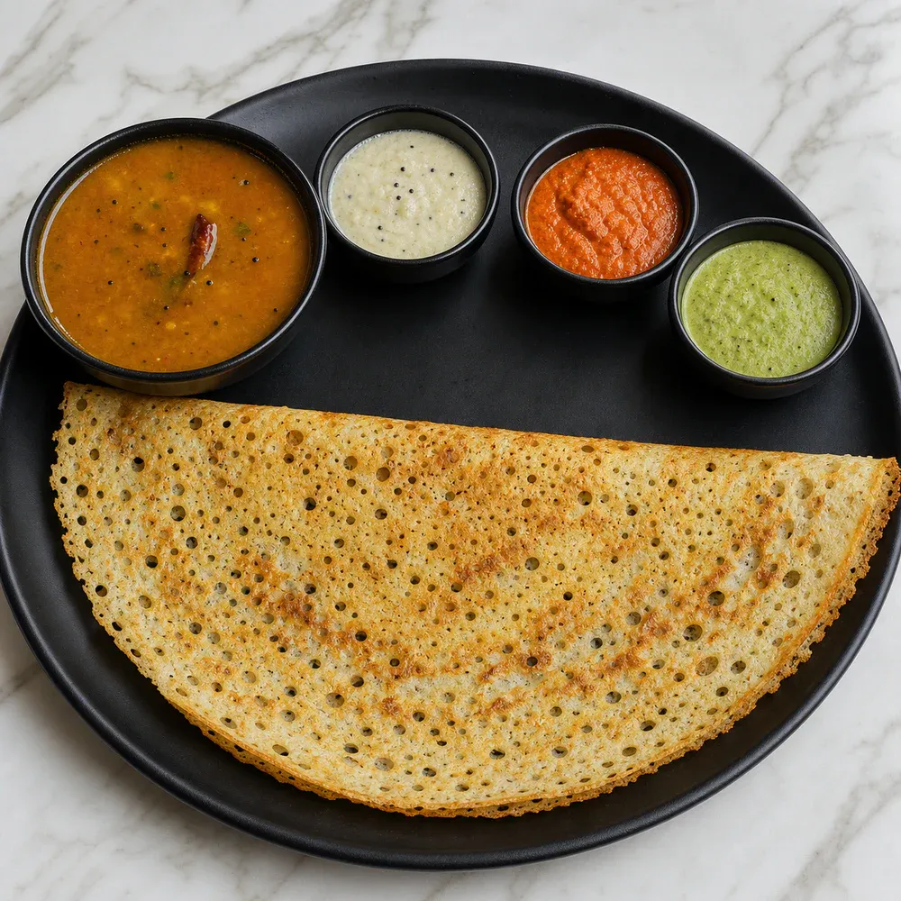 Lacy, crispy semolina-and-rice crepe served with sambar and chutney.