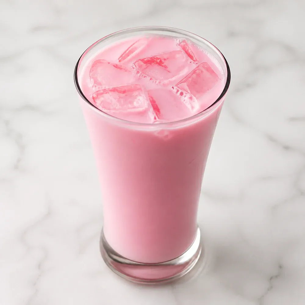Chilled rose-flavored milk.