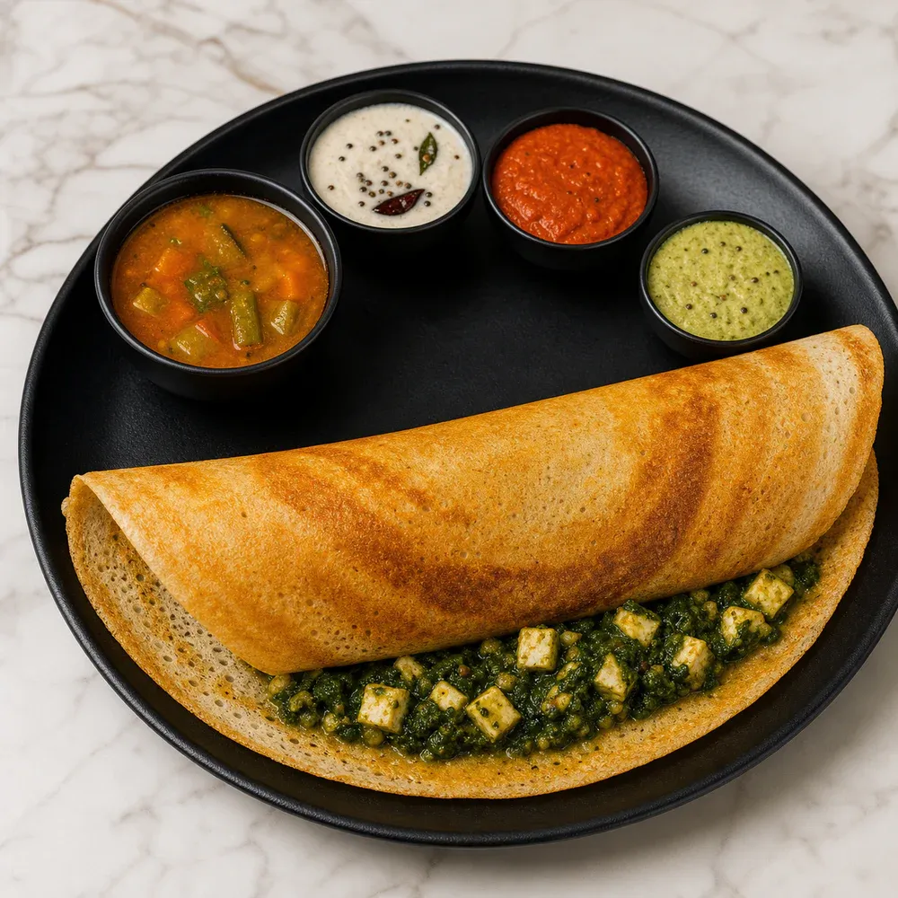 Dosa stuffed with creamy spinach and paneer.