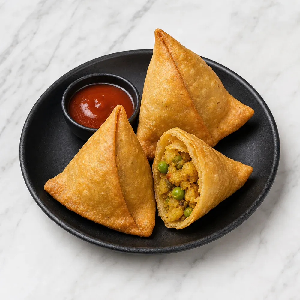 Crispy turnovers stuffed with peas and spiced potatoes.