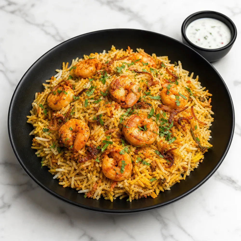 Shrimp layered with fragrant basmati rice, herbs, and biryani spices.