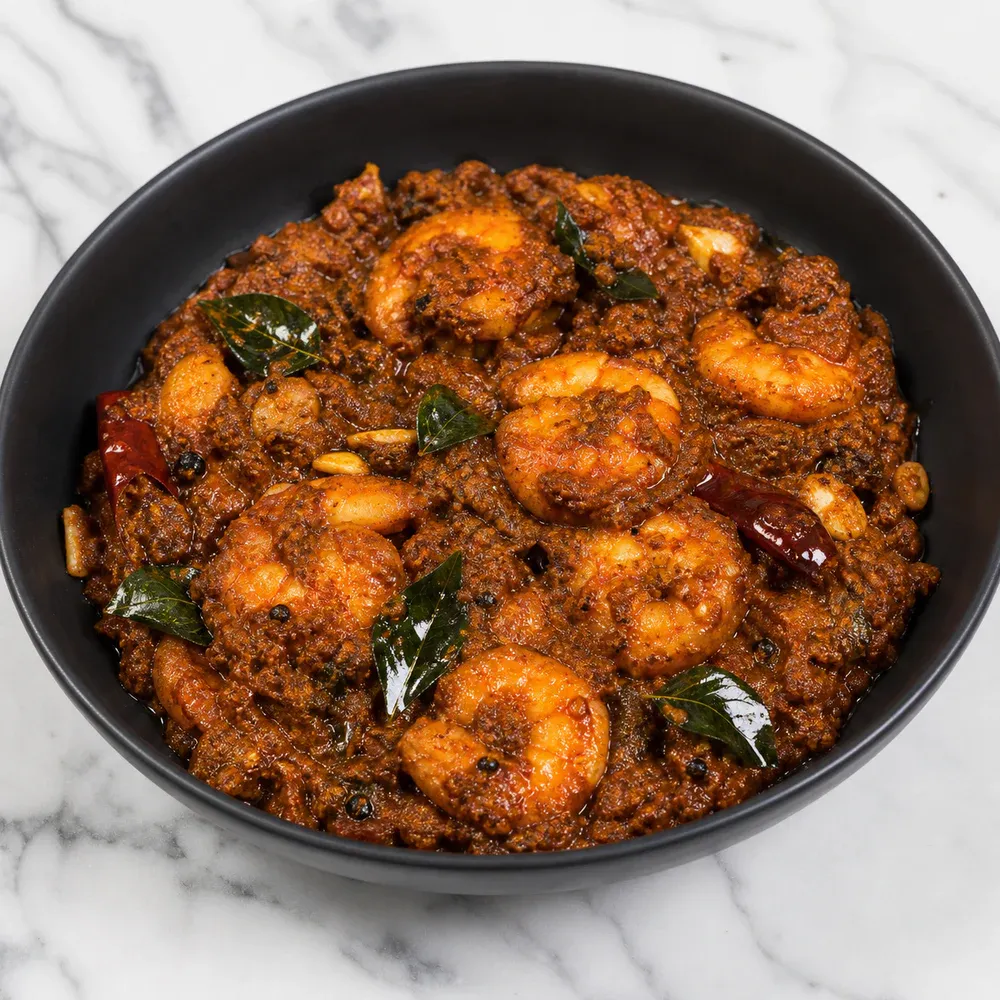 Shrimp made with home-ground Chettinad spices.