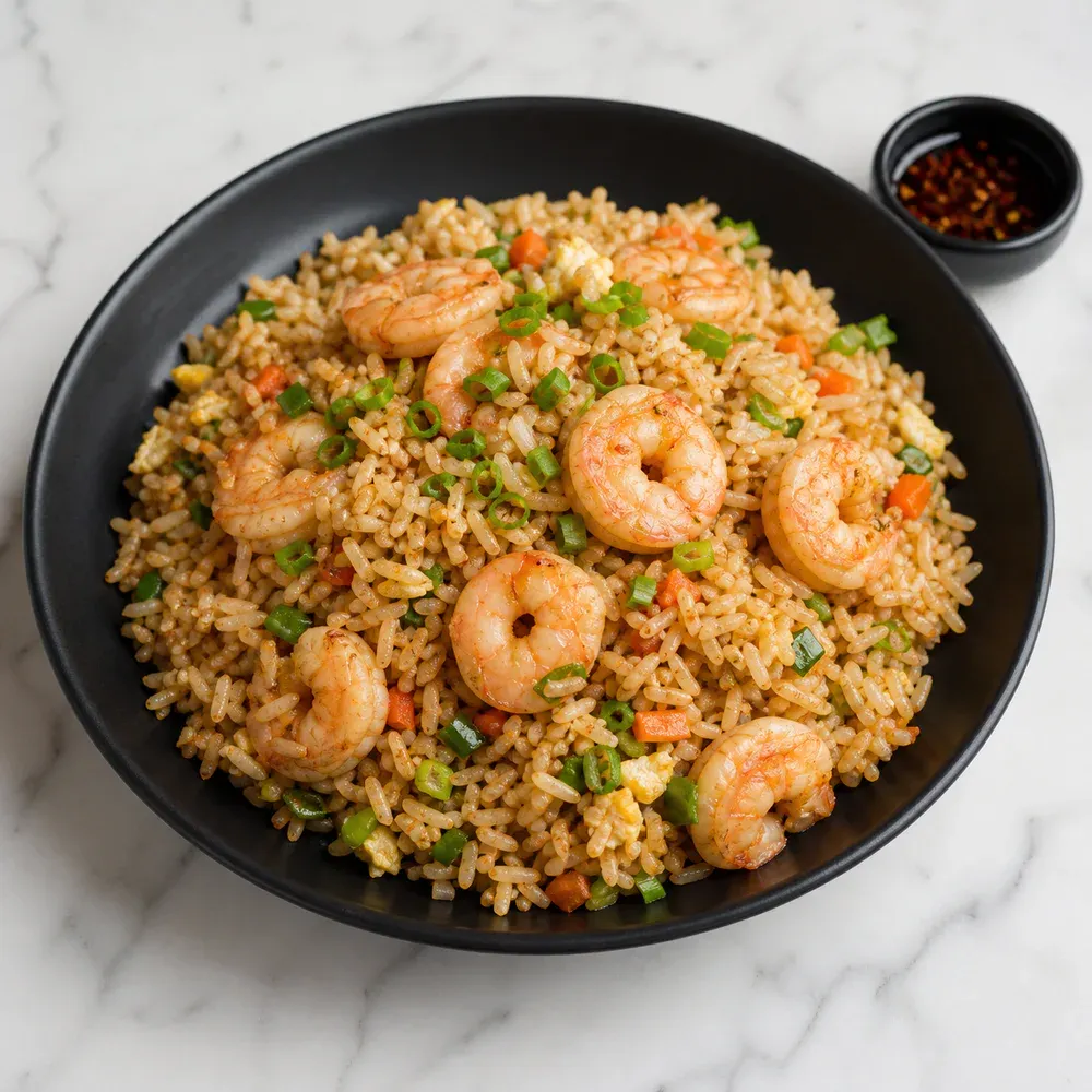 Wok-tossed rice with shrimp, vegetables, and Indo-Chinese sauces.