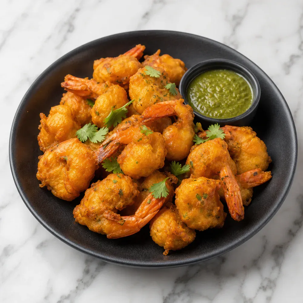 Shrimp coated in spiced chickpea batter and fried until crisp.