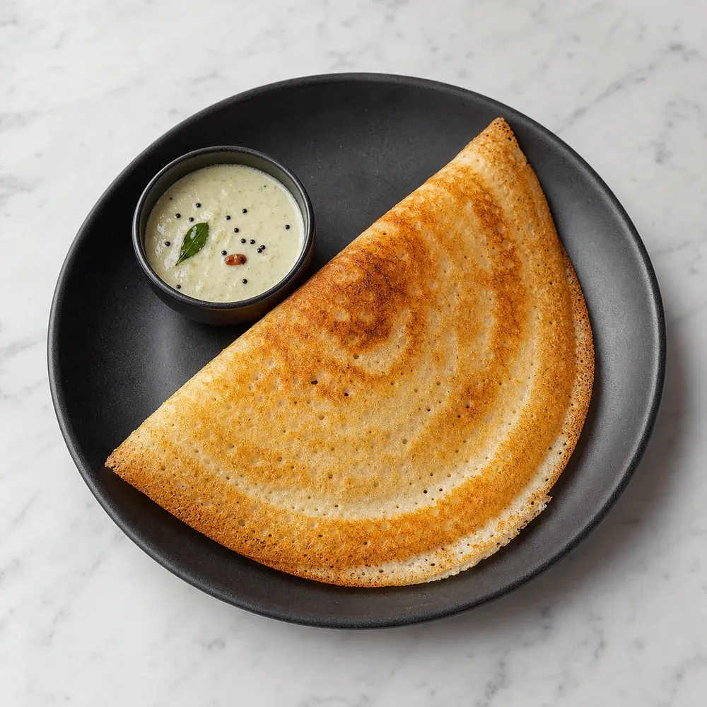 Plain dosa served as a side with sambar and chutney.