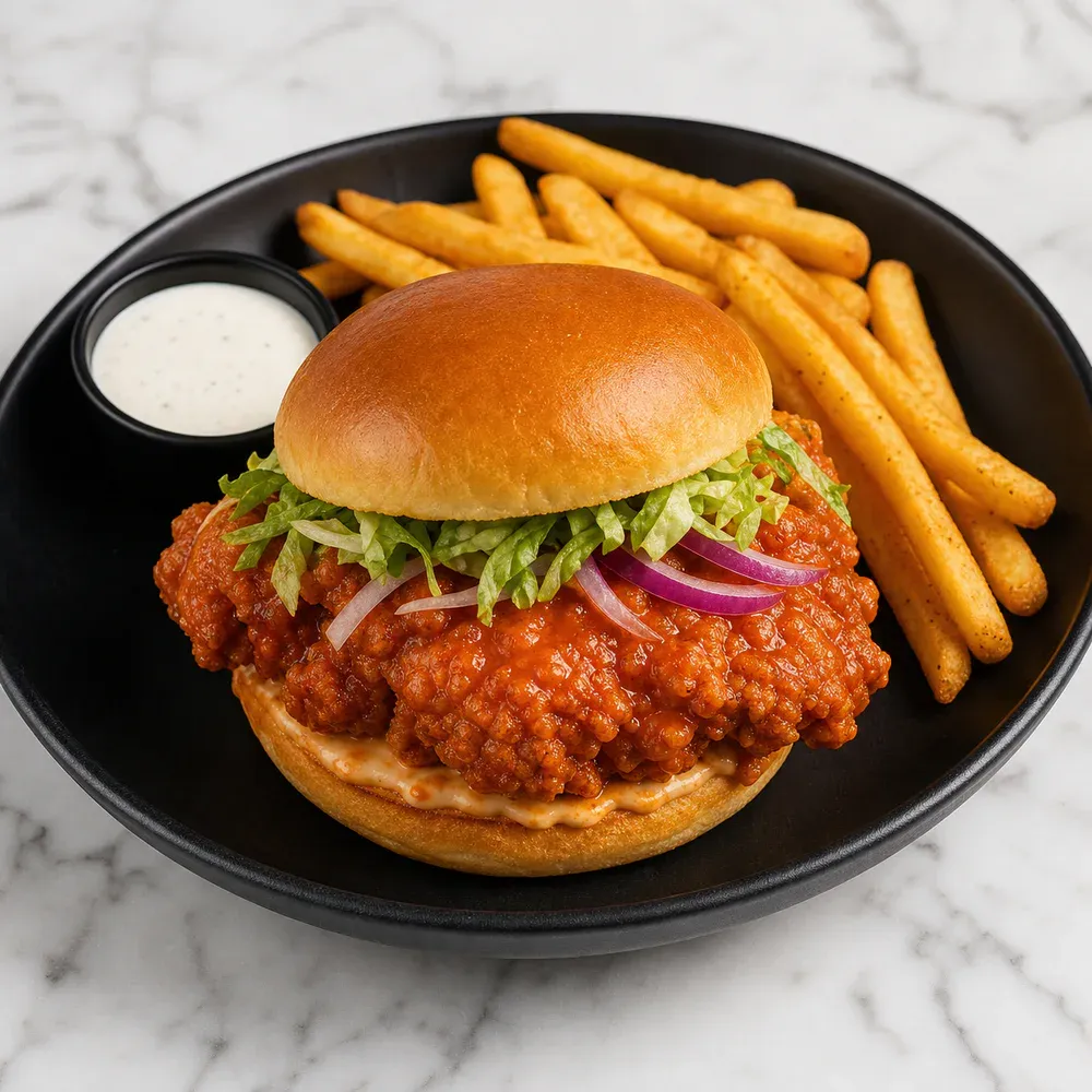 A crispy fried chicken burger tossed in spicy buffalo sauce, served with fries.