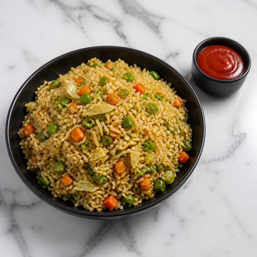 Wok-tossed rice with vegetables and Indo-Chinese sauces.