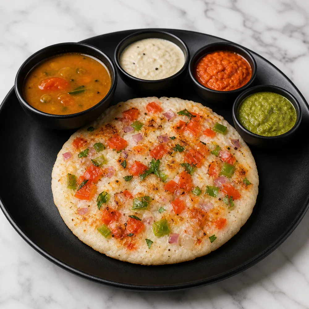 Thick rice-and-lentil pancake topped with mixed vegetables.
