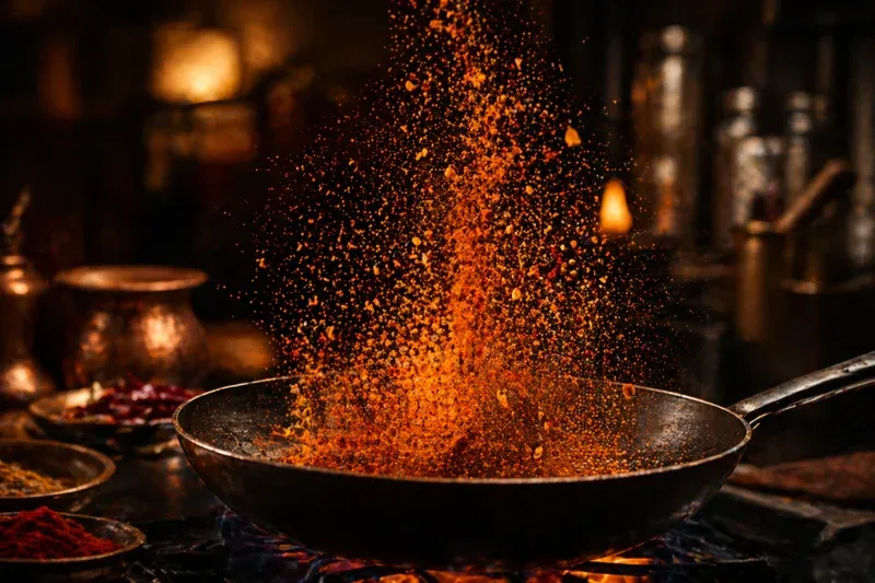 Golden Indian spices tossed in warm kitchen light