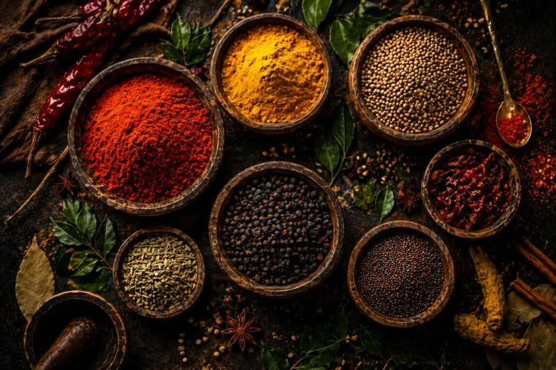 Small bowls of colorful Indian spices and ingredients